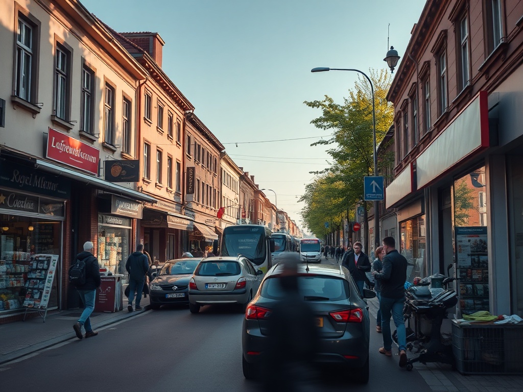 Ilustracja przedstawiająca nowoczesny autobus miejski na tle panoramę Krasnegostawu, symbolizująca plany rozwoju transportu publicznego.
